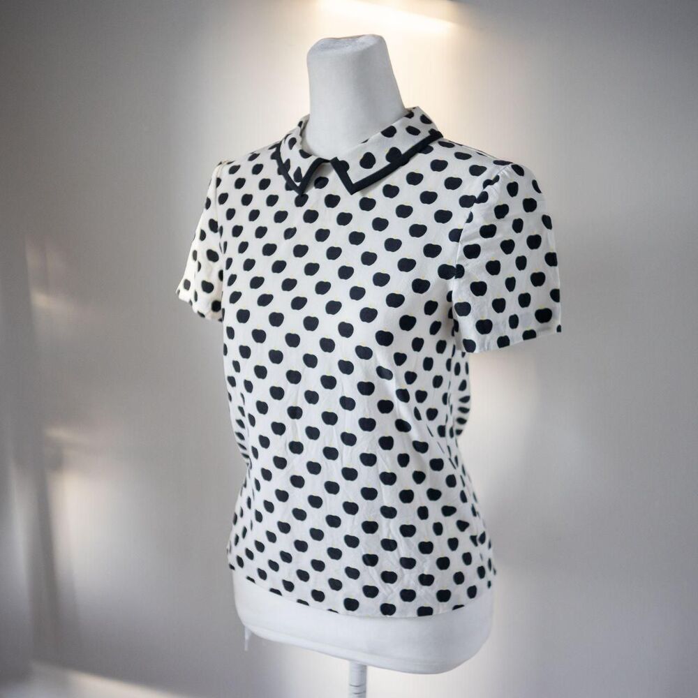 Kate Spade Silk Collared Apple Print Black / White Short Sleeve Women's Blouse
